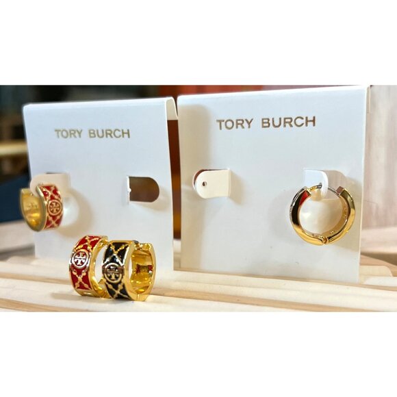 SET OF TWO - Tory Burch Red and Gold and Black and Gold Monogram Huggies - Picture 6 of 8